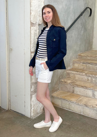 Alita Stripe Short Sleeve Kint Top in Ivory + Lapis