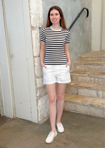 Alita Stripe Short Sleeve Kint Top in Ivory + Lapis