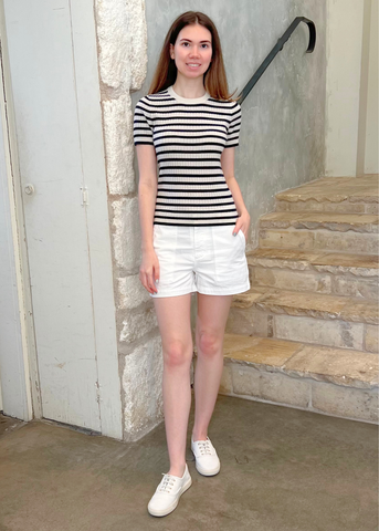 Alita Stripe Short Sleeve Kint Top in Ivory + Lapis