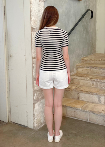 Alita Stripe Short Sleeve Kint Top in Ivory + Lapis