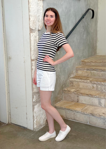 Alita Stripe Short Sleeve Kint Top in Ivory + Lapis