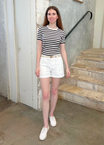 Alita Stripe Short Sleeve Kint Top in Ivory + Lapis