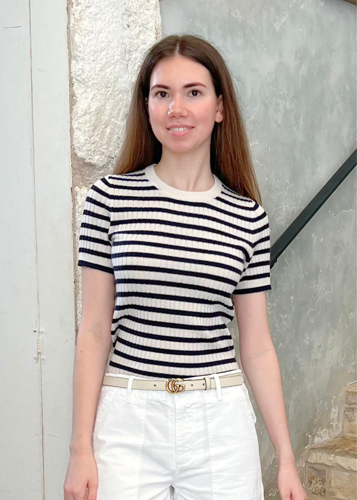 Alita Stripe Short Sleeve Kint Top in Ivory + Lapis