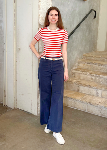 Alita Stripe Short Sleeve Kint Top in Ivory + Red