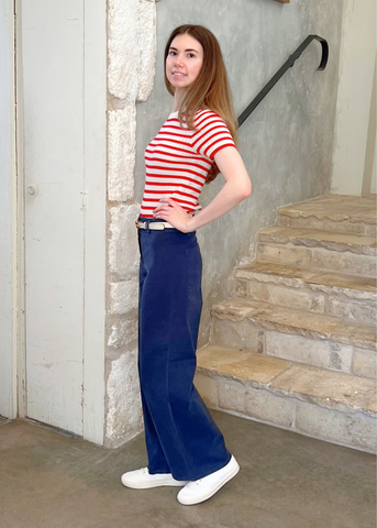 Alita Stripe Short Sleeve Kint Top in Ivory + Red