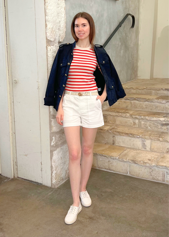 Alita Stripe Short Sleeve Kint Top in Ivory + Red