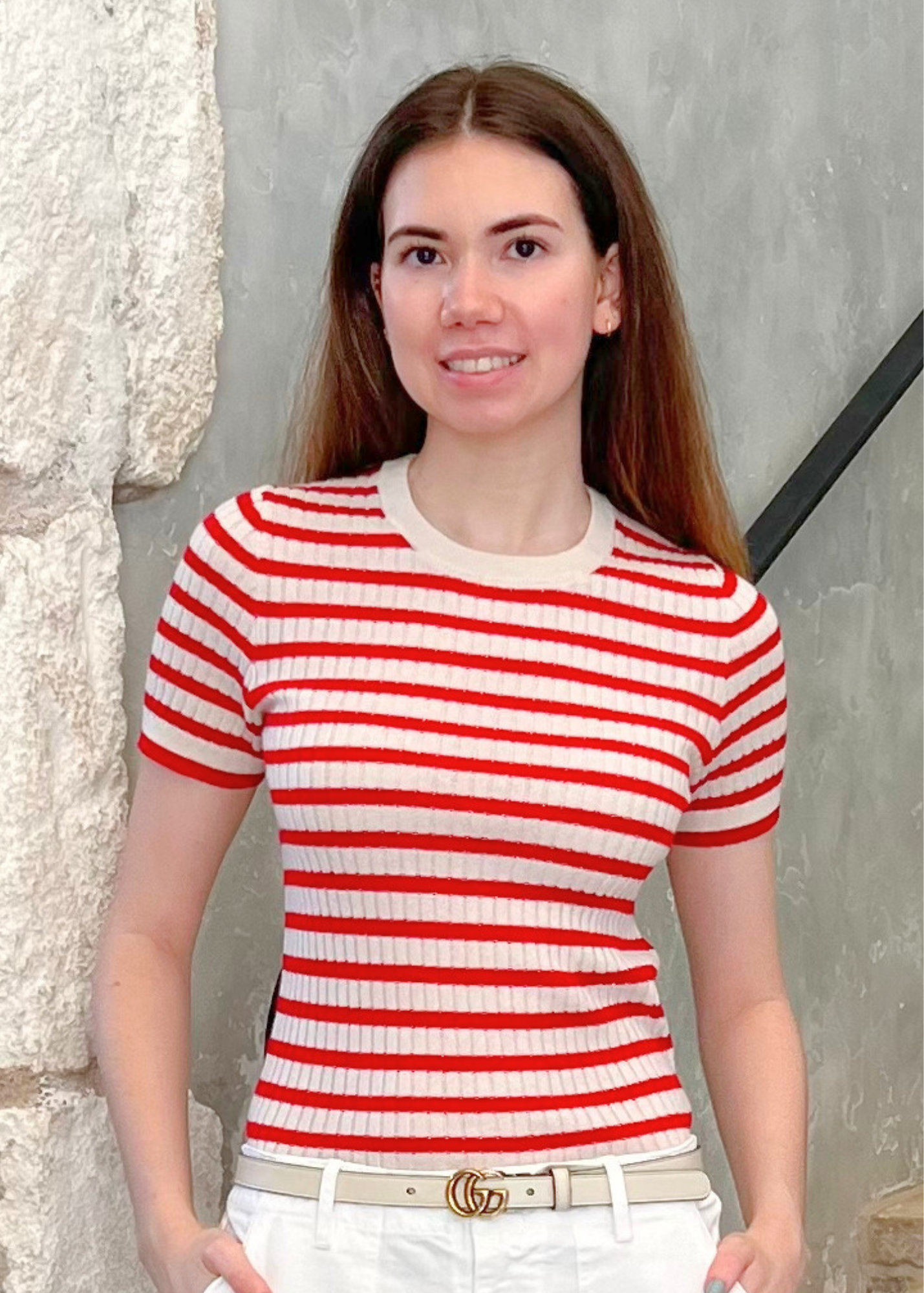 Alita Stripe Short Sleeve Kint Top in Ivory + Red