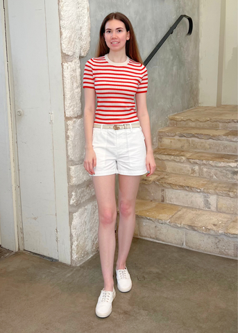 Alita Stripe Short Sleeve Kint Top in Ivory + Red