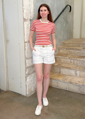 Alita Stripe Short Sleeve Kint Top in Ivory + Red