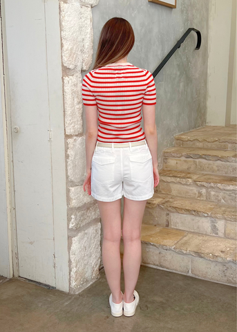 Alita Stripe Short Sleeve Kint Top in Ivory + Red