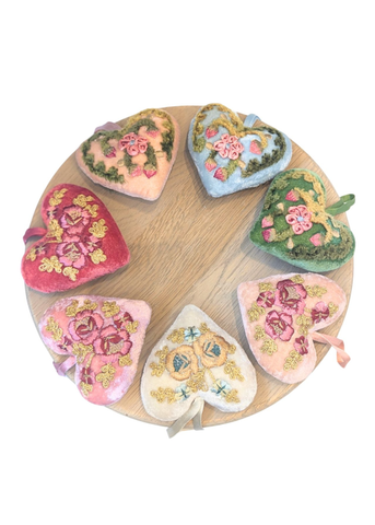 Miranda Gold Embroidered Silk Velvet Heart in Emerald