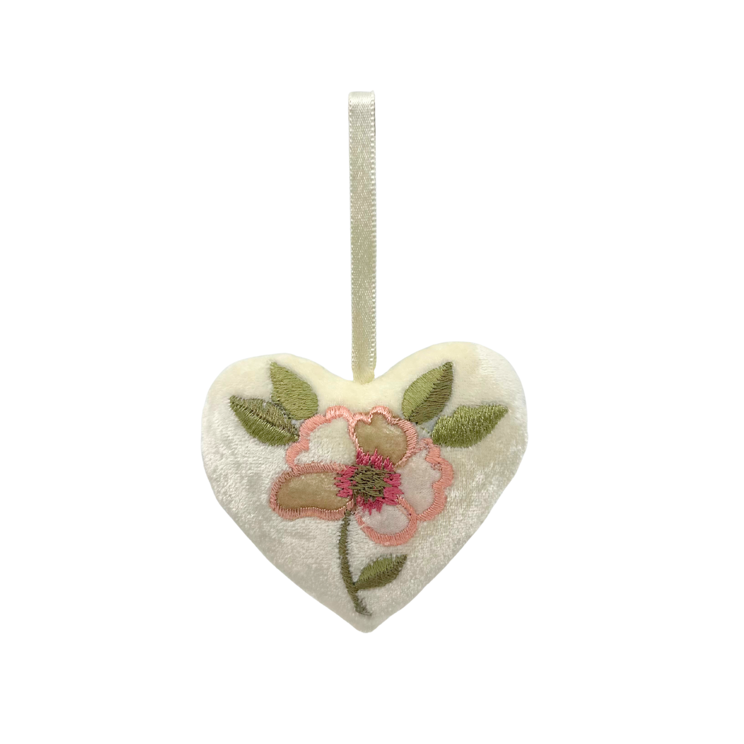 Annalisa Pink + Green Embroidered Silk Velvet Heart in Ivory