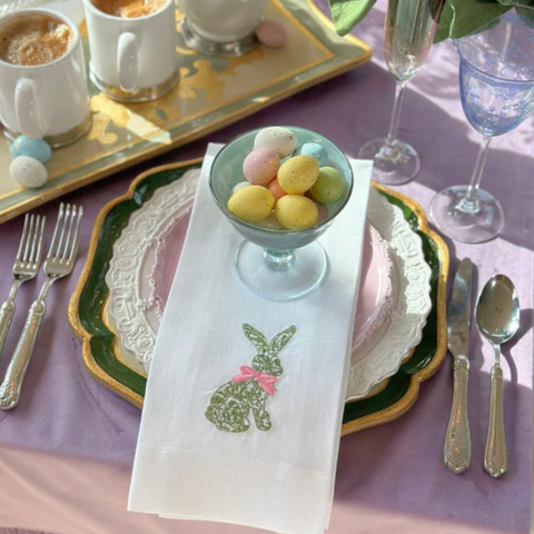 Toile Bunny Embroidered Linen Tea Towel