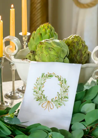 FM Wreath Embroidered Linen Tea Towel