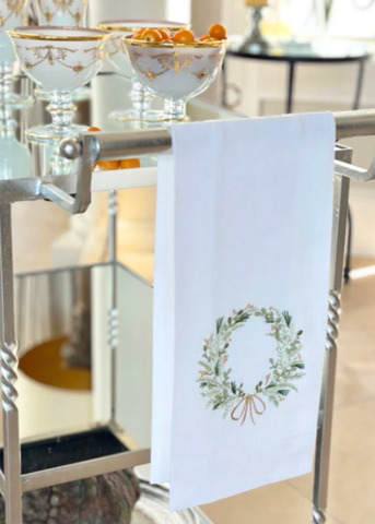 FM Wreath Embroidered Linen Tea Towel