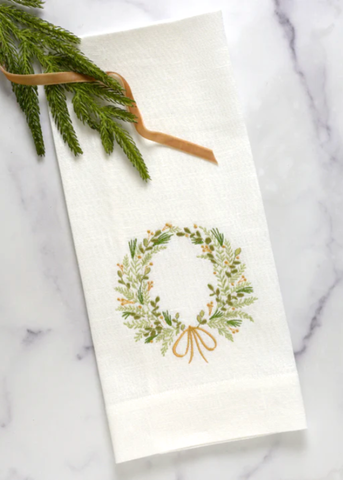 FM Wreath Embroidered Linen Tea Towel