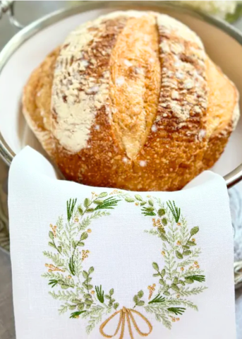 FM Wreath Embroidered Linen Tea Towel