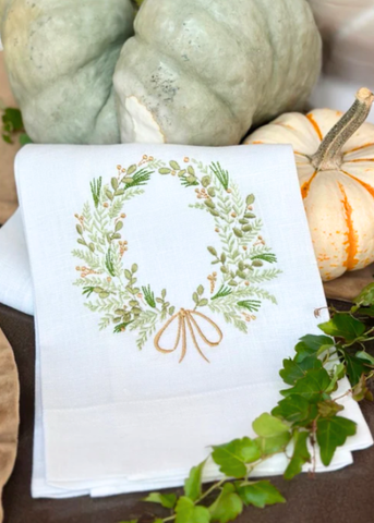 FM Wreath Embroidered Linen Tea Towel