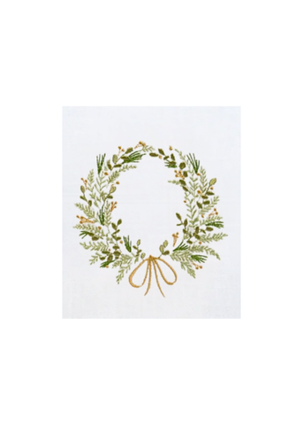 FM Wreath Embroidered Linen Tea Towel
