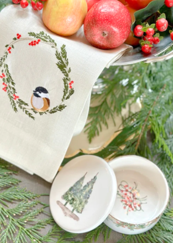 Chickadee Embroidered Linen Tea Towel