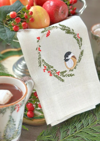 Chickadee Embroidered Linen Tea Towel