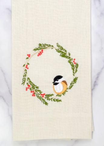 Chickadee Embroidered Linen Tea Towel