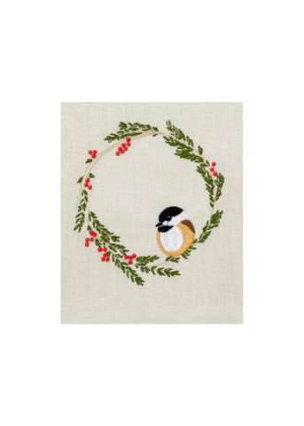 Chickadee Embroidered Linen Tea Towel