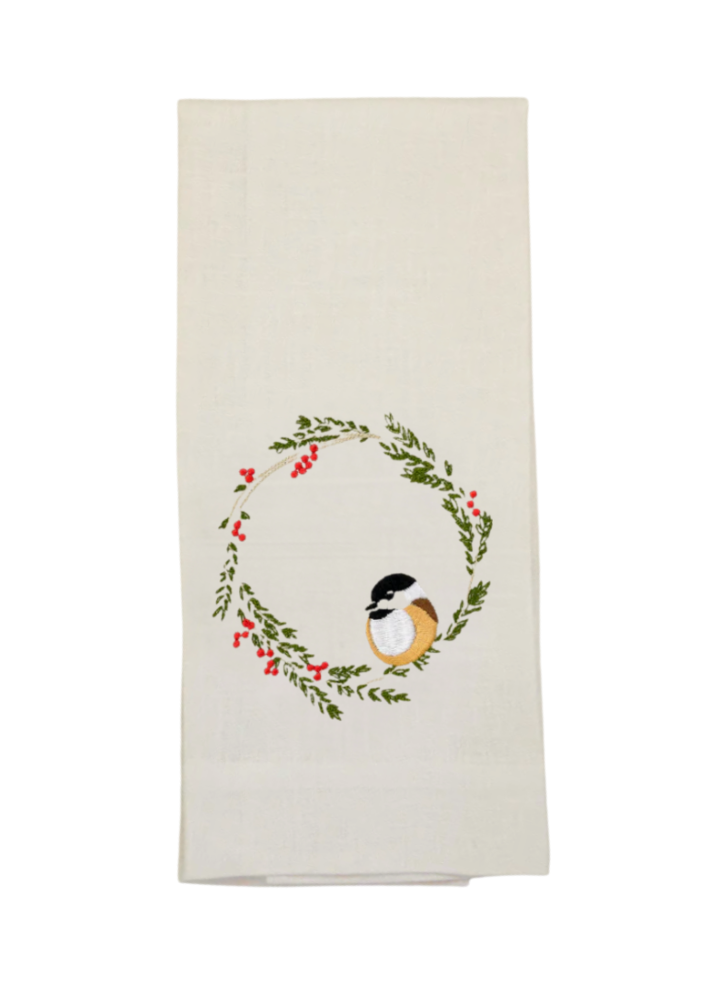 Chickadee Embroidered Linen Tea Towel