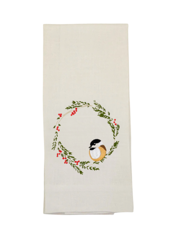 Chickadee Embroidered Linen Tea Towel