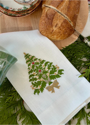 Italian Fir Embroidered Linen Tea Towel