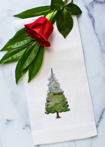 Snowy Pine Embroidered Linen Tea Towel