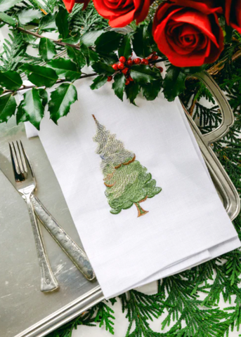 Snowy Pine Embroidered Linen Tea Towel