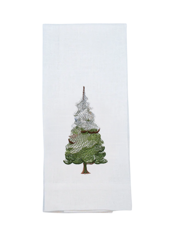 Snowy Pine Embroidered Linen Tea Towel
