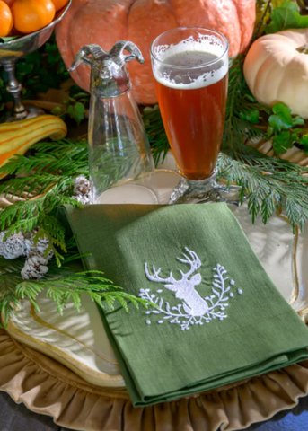 Stag + Holly Embroidered Linen Tea Towel