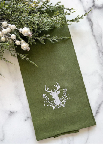 Stag + Holly Embroidered Linen Tea Towel