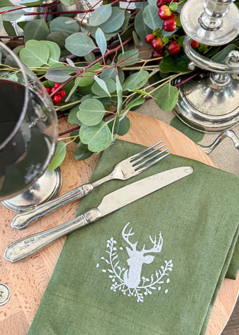 Stag + Holly Embroidered Linen Tea Towel
