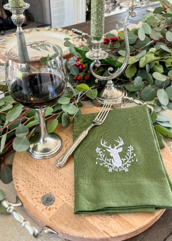 Stag + Holly Embroidered Linen Tea Towel