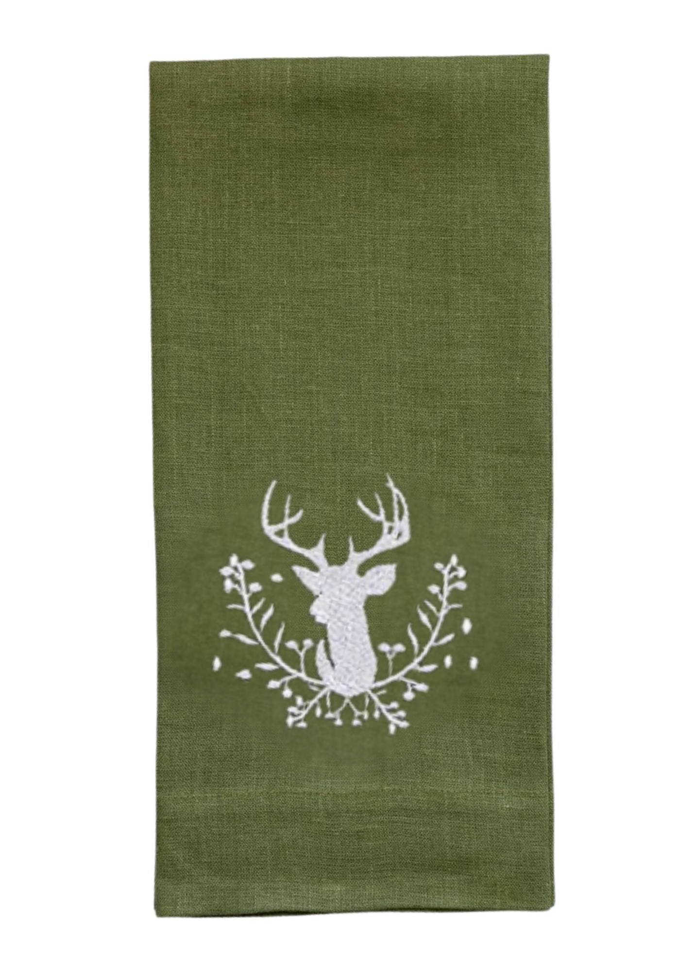 Stag + Holly Embroidered Linen Tea Towel