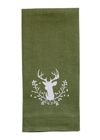 Stag + Holly Embroidered Linen Tea Towel