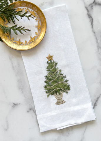 Trimmed Tree Embroidered Linen Tea Towel