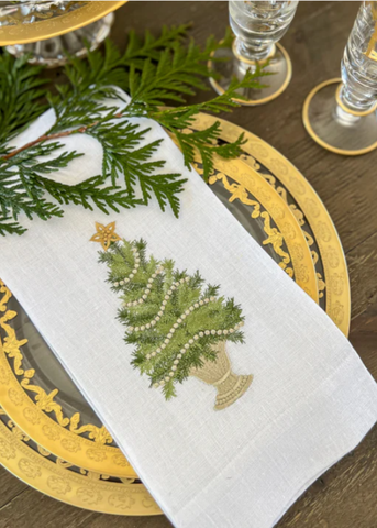 Trimmed Tree Embroidered Linen Tea Towel