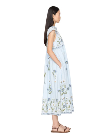 Audra Embroidered Flutter Sleeve Midi Dress in Blue