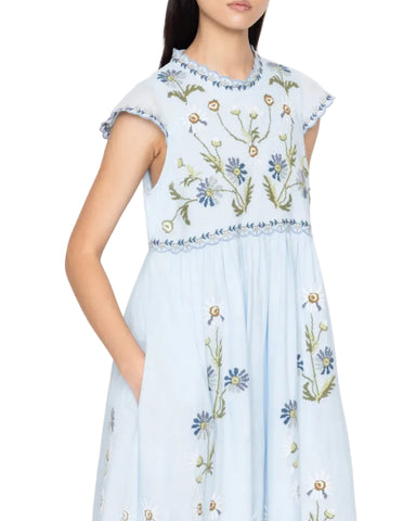 Audra Embroidered Flutter Sleeve Midi Dress in Blue