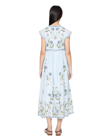 Audra Embroidered Flutter Sleeve Midi Dress in Blue