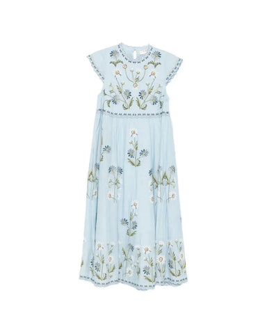 Audra Embroidered Flutter Sleeve Midi Dress in Blue