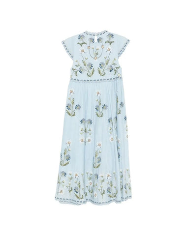 Audra Embroidered Flutter Sleeve Midi Dress in Blue
