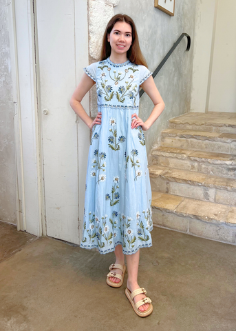 Audra Embroidered Flutter Sleeve Midi Dress in Blue
