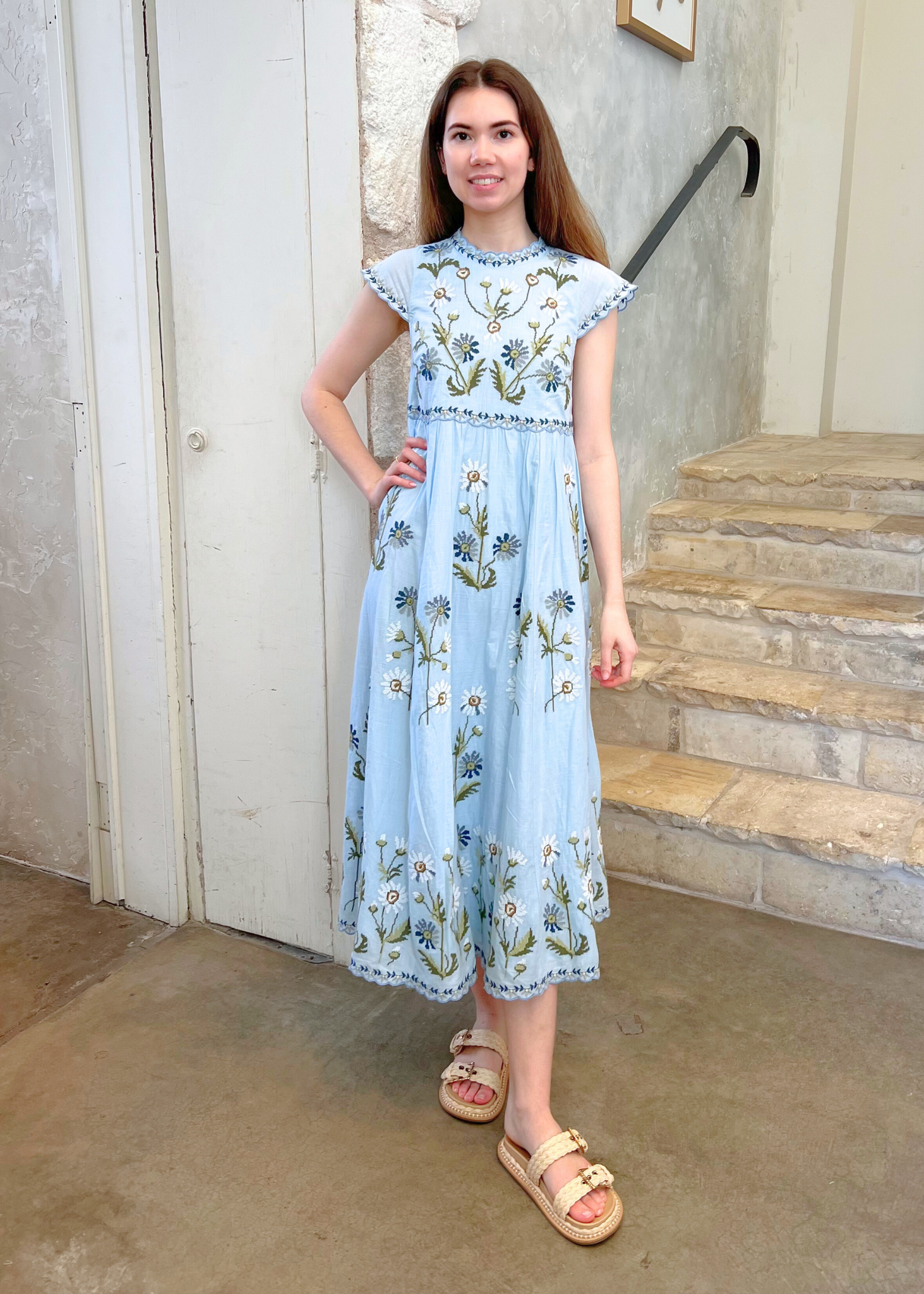 Audra Embroidered Flutter Sleeve Midi Dress in Blue