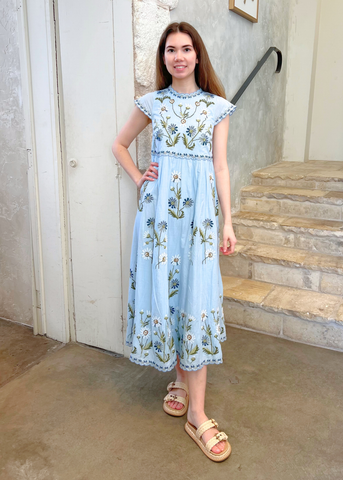 Audra Embroidered Flutter Sleeve Midi Dress in Blue