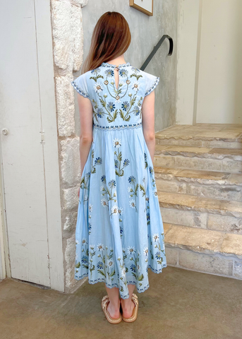 Audra Embroidered Flutter Sleeve Midi Dress in Blue